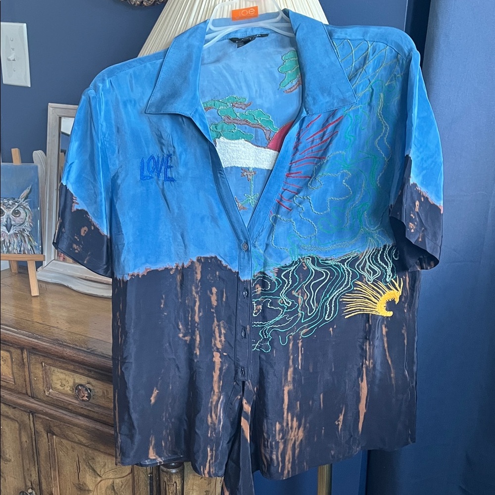 Desigual Blue Black Embroidered Short-Sleeve Button-Up Blouse